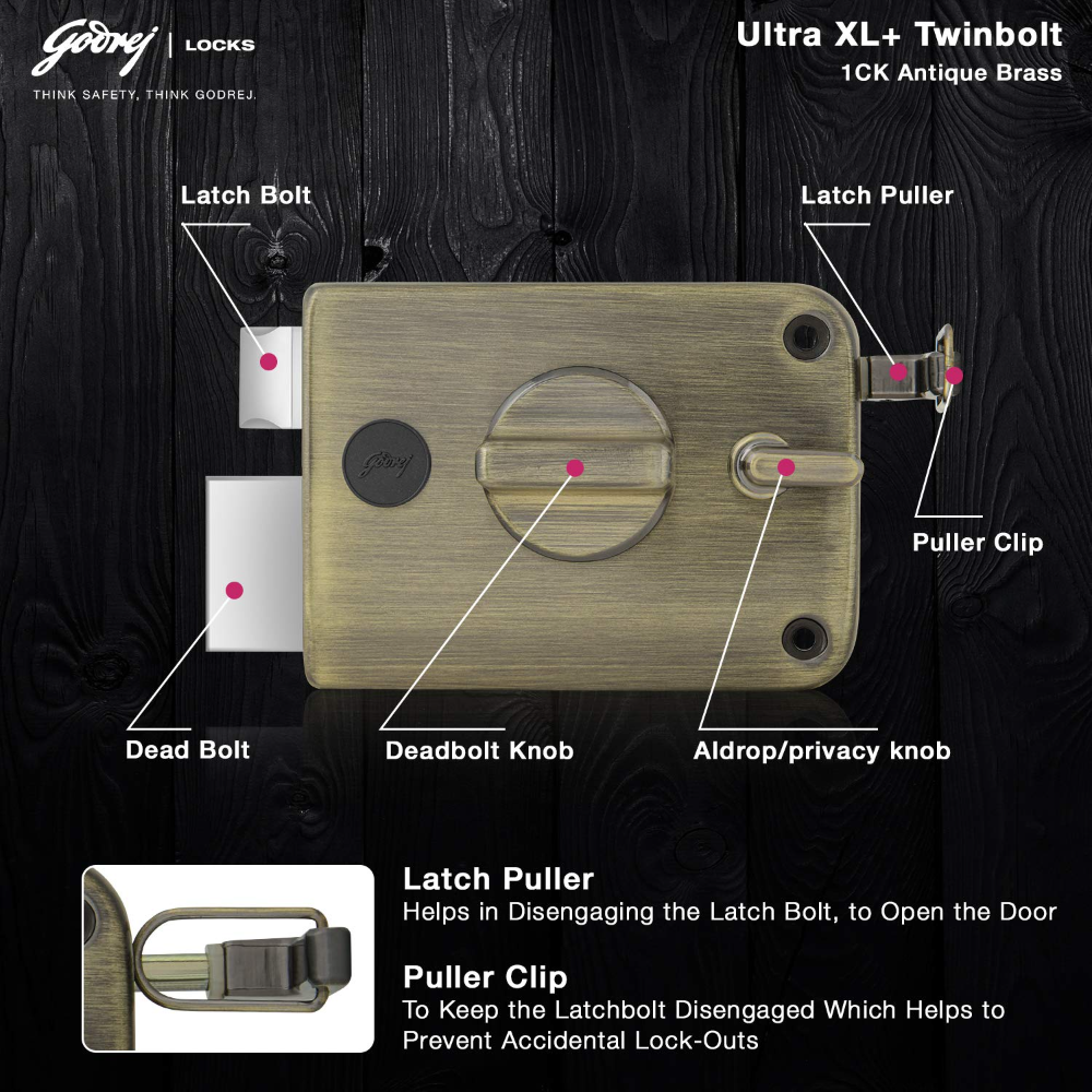 Godrej Rim Lock I Twinbolt Ultra XL plus I 1CK Latchbolt I For Outside Opening Door l LeftorRight Handed Doors I 4 Keys I 5-Year Warranty I Automatic Locking l Antique Copper Finish